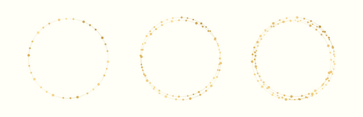 Gold Round Christmas Fairy Lights Frame Border Set. Abstract golden dots circle frame collection.