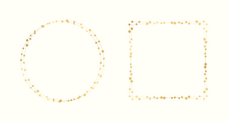 Gold Christmas Fairy Lights Frame Border Set. Abstract geometric golden dots circle frame collection.
