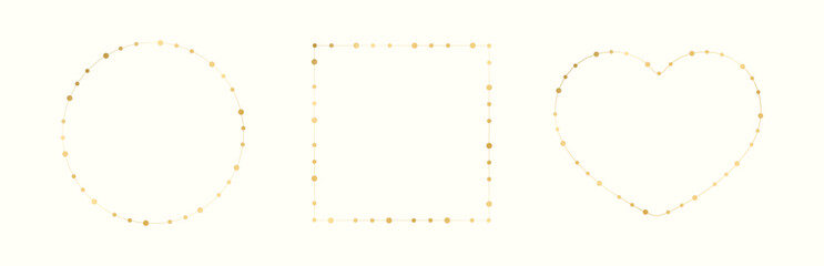 Gold Christmas Fairy Lights Frame Border Set. Abstract geometric golden dots circle frame collection.