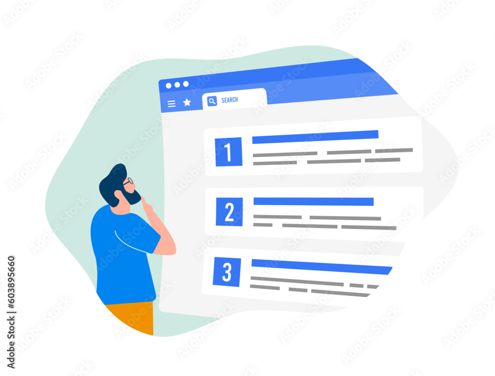 Poster seo rankings concept. man analyzing top search engine result page and think how rank website higher.