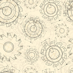 Mechanical engineering drawings on light background. Cutting tools, milling cutter. Technical Design. Cover. Blueprint. Seamless pattern. Vector illustration.