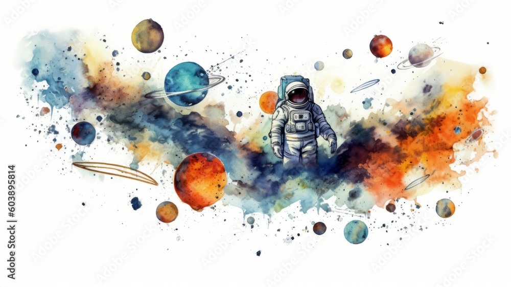 Wall mural astronaut and universe planets watercolor white background generative ai