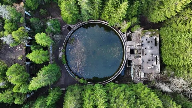 Birdseye Aerial View of Abandoned Mine Buildings Deep in Forest of Ore Mountains Czech Republic