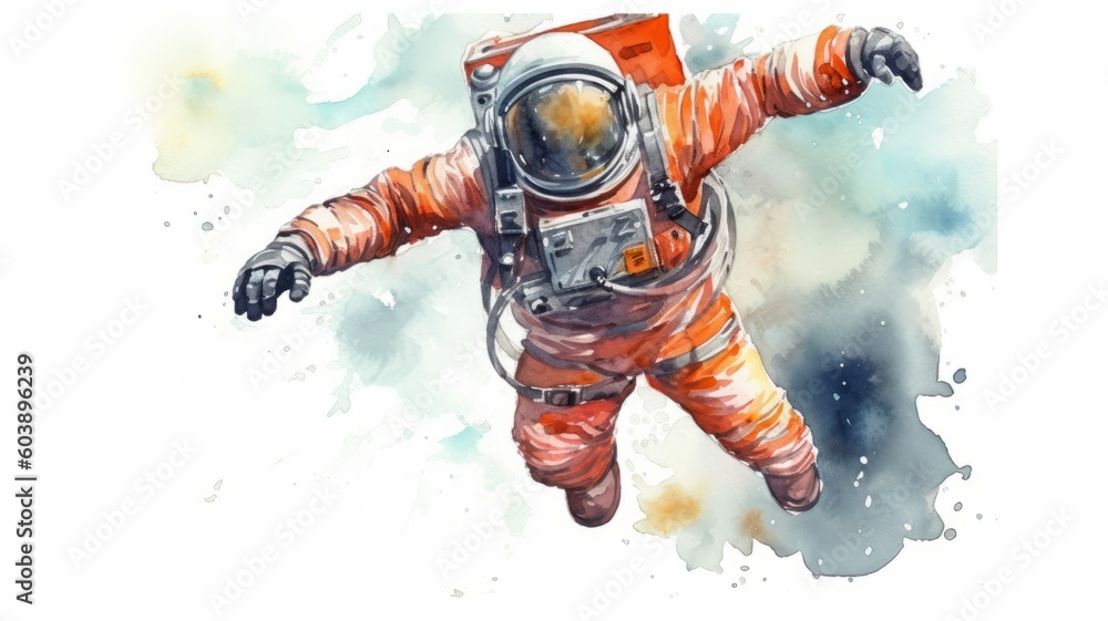 Wall mural astronaut and universe planets watercolor white background generative ai