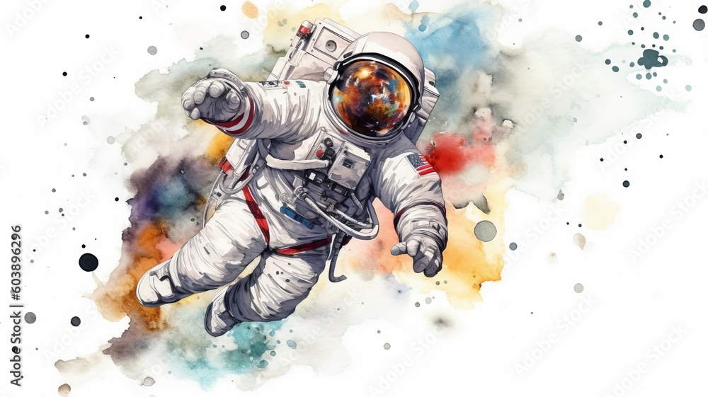 Wall mural astronaut and universe planets watercolor white background generative ai