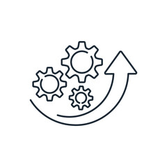 Three gears and an upward direction arrow. Business Concept  Teamwork. Effective work, collaboration. Vector linear icon illustration isolated on white background.