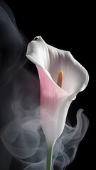 Gentle white and pink calla flower with smock around, on dark background, AI generated