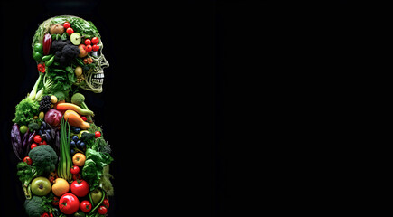 The human body with various fruits and vegetables, health concept, on dark background, free copy space,  AI generated