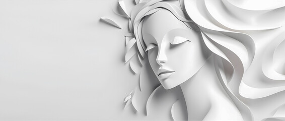 Paper art pretty women face on white background, free space. AI generated