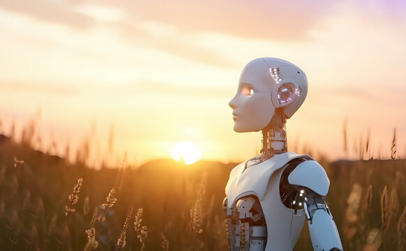 Robot in flower field by sunset time, copy space. AI generated