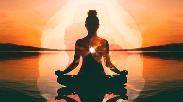 Female silhouette in the lotus pose, meditating within a surreal environment. Tranquility, mental calm and balance achieved through the practice of mindfulness and meditation. Generative AI.