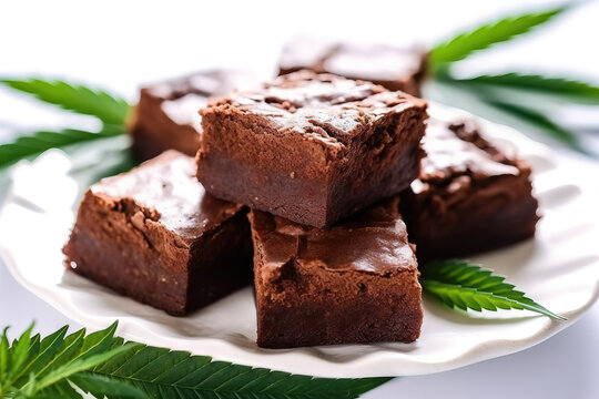 cannabis brownies with marijuana leaves on a white plate