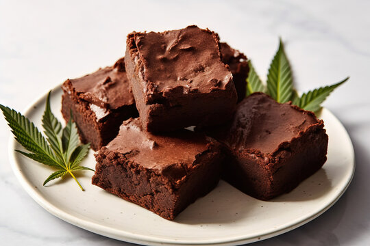crazy brownies with marijuana leaves on a white plate