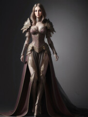 Brown Haired Armored Woman with Long Flowing Gown Fantasy Generative AI illustration