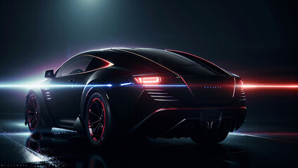Plakat Futuristic Sports Car Dark Background at Night with Glowing Lights Wet Pavement Generative AI Illustration