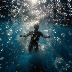 Buzo sumergido en el mar en un d&iacute;a soleado con muchas burbujas
