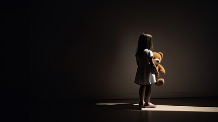Little female kid sitting alone near teddy bear in dark room, lack of friends Generative AI - obrazy, fototapety, plakaty