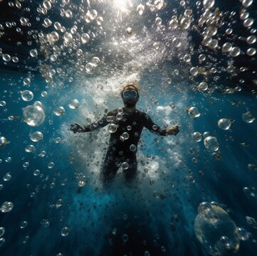 Buzo sumergido en el mar en un d&iacute;a soleado con muchas burbujas