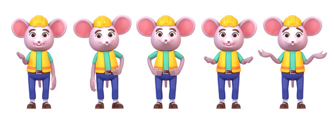 3d render of cute mouse construction worker in various situations, emotions set 2