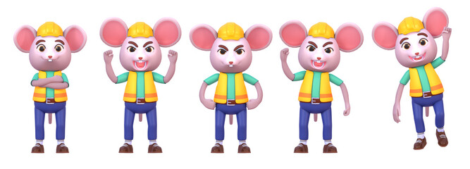 Fototapeta premium 3d render of cute mouse construction worker in various situations, emotions set 3