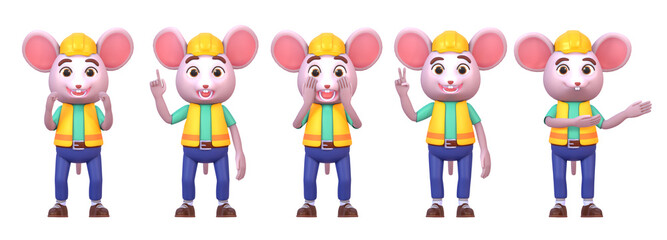 3d render of cute mouse construction worker in various situations, emotions set 4