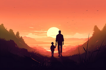 Silhouette father and son holding hands standing on hill against backdrop of setting sun, paternity. Father's day, education, joint family vacation. Generative AI