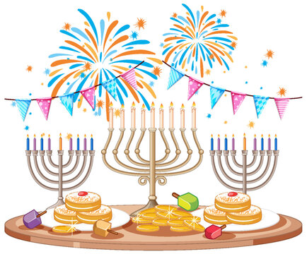 hanukkah celebration with menorahs, fireworks, food clip art preview