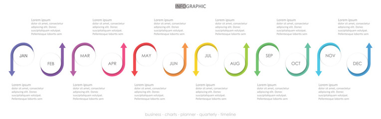 business project circle arrow up down timeline diagram Infographic roadmap template for business. 12 month modern Timeline charts planner diagram calendar with presentation vector infographics.