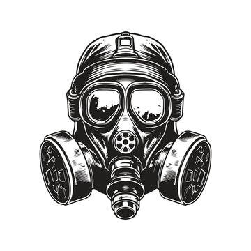 gas mask, vintage logo line art concept black and white color, hand drawn illustration
