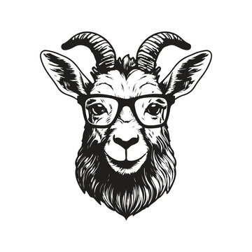 goat hipster, vintage logo line art concept black and white color, hand drawn illustration