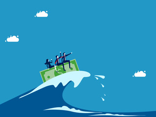 Fight crises with money and leadership. Business team surfing sea waves with banknotes vector