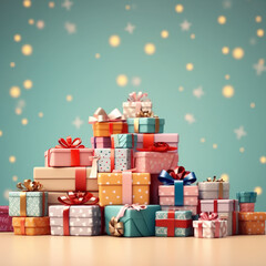 Obraz premium Celebrate in style with our vibrant banner featuring a multitude of gift boxes adorned with velvet ribbons and paper decorations. Perfect for Christmas or birthdays, colorful background,