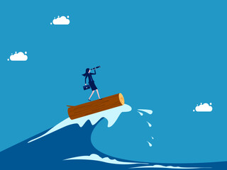 Overcome crises with effort and vision. Businesswoman surfing sea waves with stick vector