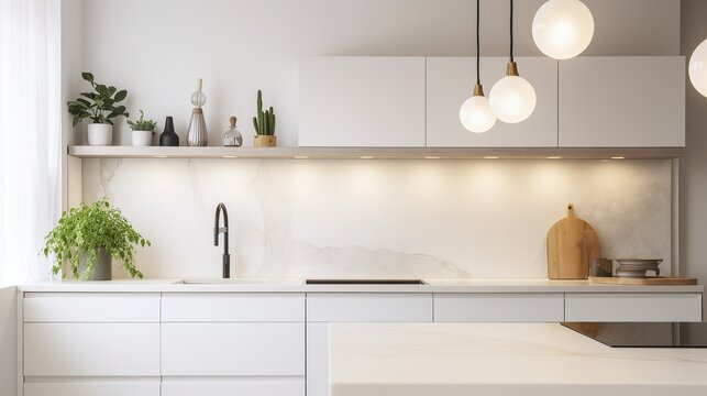 Coastal style white kitchen with indoor plants, Scandi interior design, AI generated
