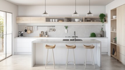 Coastal style white kitchen room with indoor plants, Scandi interior design template