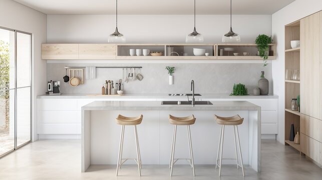 Fototapeta Coastal style white kitchen room with indoor plants, Scandi interior design template