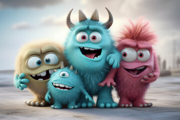 Friends Having Fun - Cute Little Monsters Posing for Their Group Portrait - Generative AI