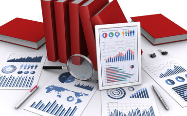 ビジネスデータを表示するタブレット端末とビジネスアイテム、ビジネスデータの分析と検証 - obrazy, fototapety, plakaty