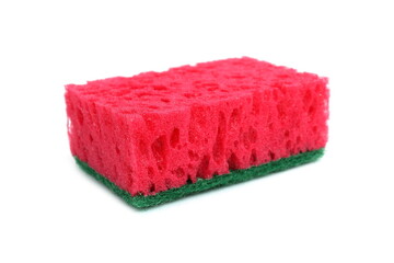 A red soft sponge for washing dishes lies on a white background.	