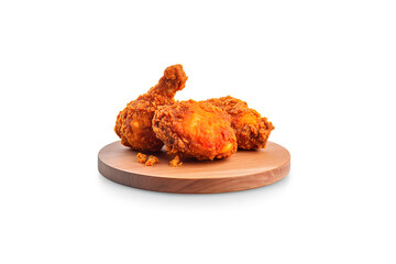 Crispy delicious fried chicken on a round wooden board isolated on white background. Created with Generative AI Technology