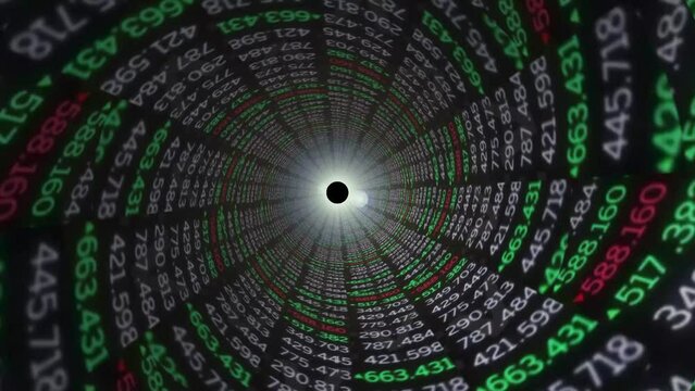 Stock market, finance and numbers of trading spiral profit or loss in exchange on dark background. Financial crisis or crash of statistics, increase or decrease of investment growth, stocks or trends