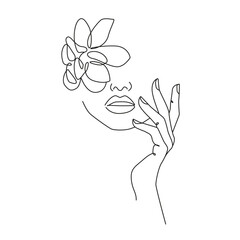 Woman Abstract Face with Flowers One Line Drawing. Female Portrait Minimalist Style. Botanical Print. Nature Trendy Symbol for Cosmetics. Continuous Line Art Fashion Minimal Print. Beauty Logo. Vector