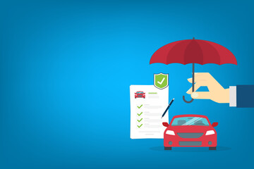 Car insurance document, report. Paper agreement checklist or loan checkmarks form list approved with automobile icon, vehicle financial, car dealership legal deal.	