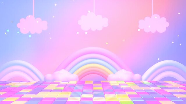 Looped cartoon disco floor with rainbows and clouds animation.
