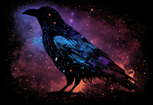 Raven made of the night sky; galaxy night sky raven silhouette design, cosmic jeweltone colors literary mystical, witchy vibe with nods to Odin and Edgar Allan Poe (generative AI, AI)