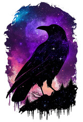 Raven made of the night sky; galaxy night sky raven silhouette design, cosmic jeweltone colors literary mystical, witchy vibe with nods to Odin and Edgar Allan Poe (generative AI, AI)