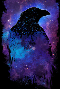 Raven made of the night sky; galaxy night sky raven silhouette design, cosmic jeweltone colors literary mystical, witchy vibe with nods to Odin and Edgar Allan Poe (generative AI, AI)