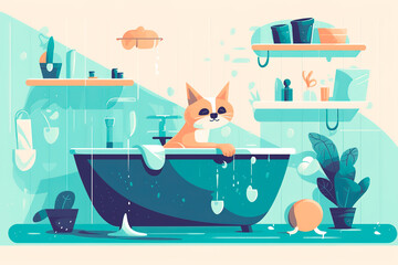 Happy cat in bathtub. Pet care concept. Kitten in the bath interior with washing accessories. Generative AI