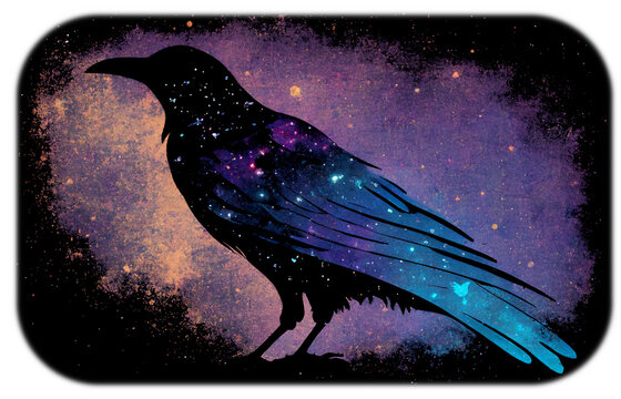 Raven made of the night sky; galaxy night sky raven silhouette design, cosmic jeweltone colors literary mystical, witchy vibe nods to Odin and Edgar Allan Poe; transparent layer (generative AI, AI)
