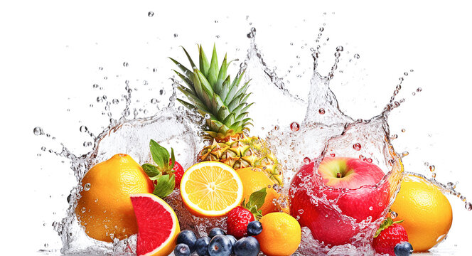 AI generative. Tropical fresh citrus fruits and splashing water on white © Olena Rudo